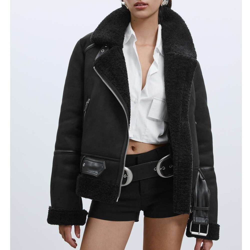 ZARA Women's Double Sided Jacket Faux Suede Shearling Moto Aviator Size Medium
